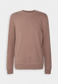 Sudadera marrón de algodón suave, con cuello redondo, mangas largas y un pequeño logo bordado en el pecho.