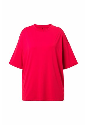 Übergrößes T-Shirt mit kurzen Ärmeln in leuchtendem Pink, aus glattem Stoff gefertigt, mit Rundhalsausschnitt und überschnittenen Schultern.