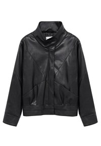Veste noire en simili cuir avec col montant, manches longues et motif de couture géométrique à l'avant et à l'arrière.