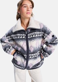 Giacca zippata in pile con un motivo geometrico pastello in grigio, bianco e rosa. Presenta un collo morbido e testurizzato e polsini elasticizzati.