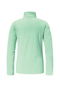 Hellgrüner Fleece-Pullover mit hohem Kragen, langen Ärmeln, glatter Textur und schlichtem Design. Keine sichtbaren Nähte oder Verzierungen.