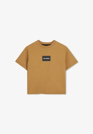 Bruine t-shirt met korte mouwen en ronde hals, met zwart vierkant logo op de borst met de tekst KARL LAGERFELD in het wit.