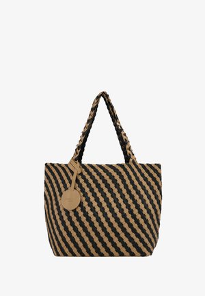 Woven tote bag in tan and black, featuring a diagonal striped pattern, sturdy woven handles, and a round leather tag attached.