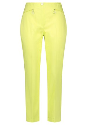 Lysegrønne slim-fit bukser med lynlåslommer ved hofterne, knap og elastisk taljebånd, frontlomme detalje og ankellængde.