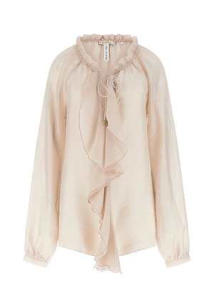 Camicia a maniche lunghe rosa chiaro con scollo arricciato e dettaglio frontale a fiocco che cade, realizzata in tessuto semitrasparente e leggero.