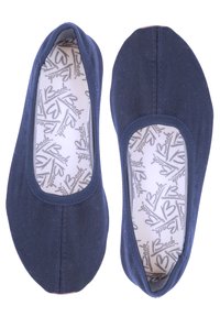 Navy blue slip-on shoes with a ribbed texture, rounded toe, and elasticated opening. The insole features a repetitive logo pattern.