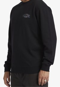 Sudadera negra hecha de una mezcla de algodón, con cuello redondo y puños acanalados. En la parte delantera muestra un logo bordado multicolor.