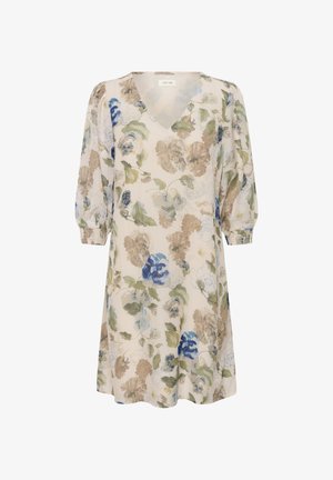 Kremfarvet kjole med blå, beige og grøn blomsterprint, V-hals og trekvartlange pufærmer med indsnørede manchetter.