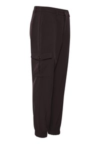 Pantalon cargo brun foncé avec une taille élastique, des chevilles resserrées et une poche latérale dotée d'une fermeture à bouton. Fabriqué dans un tissu lisse.