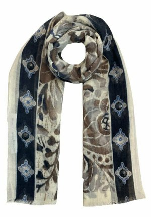 Foulard imprimé avec des motifs floraux et géométriques en marron, crème et marine. Tissu doux et léger avec des bords frangés.