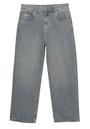 Light gray denim trousers with a straight-leg design, five pockets, and a button fly. Features subtle branding on the front waistband.