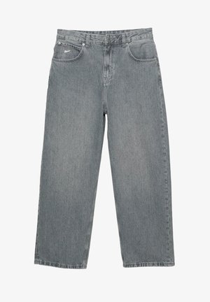 Light gray denim trousers with a straight-leg design, five pockets, and a button fly. Features subtle branding on the front waistband.