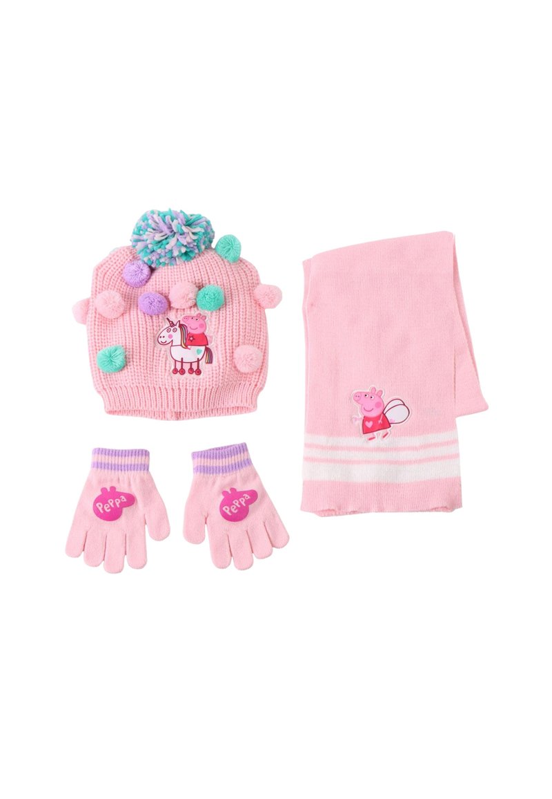 Bonnet en tricot rose avec pompons colorés et motif licorne, gants roses assortis avec logo, et écharpe rose à rayures avec détail personnage.