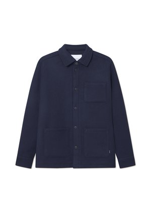 Navy blue, wool blend shirt jacket with a collared neck, front button closure, and two large front pockets, displaying a smooth texture.