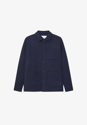 Camisa casaco em mistura de lã azul-marinho, com colarinho, fecho frontal por botões e dois grandes bolsos frontais, exibindo uma textura suave.
