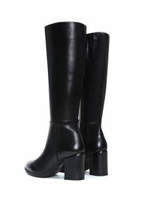 Knee-high black leather boots with a smooth texture, chunky square heels, and a subtle zipper detail at the back.