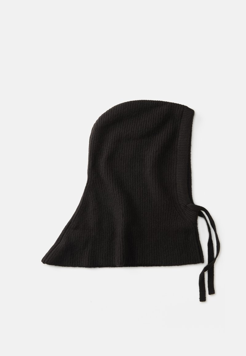 Black ribbed knit balaclava with a hood, featuring ties for adjustment. Smooth texture with a fitted design covering head and neck.