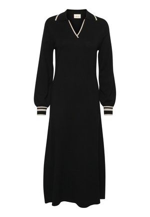 Rochie neagră cu guler în formă de V, cu dantelă crem și mâneci lungi tip balon. Accentele includ manșete stripe, oferind o potrivire lejeră.