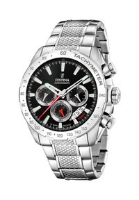 Orologio cronografo argento con quadrante nero, indicatori delle ore luminescenti, dettagli rossi e bracciale in acciaio inossidabile texturizzato. Presenta una scala tachimetrica.