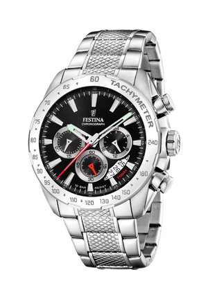 Montre chronographe argentée avec un cadran noir, des index horaires lumineux, des accents rouges et un bracelet en acier inoxydable texturé. Comprend une échelle tachymétrique.