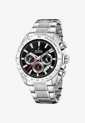 Silberner Chronograph mit schwarzem Zifferblatt, leuchtenden Stundenmarkierungen, roten Akzenten und einem strukturierten Edelstahlarmband. Verfügt über eine Tachymeterskala.