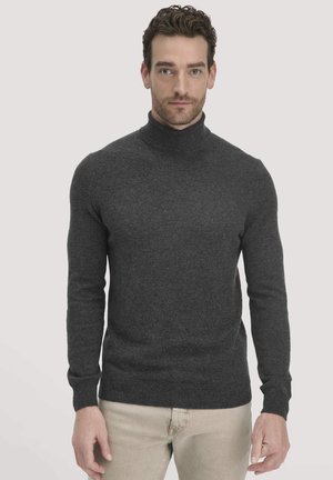 Dunkelgrauer Rollkragenpullover aus einem weichen, strukturierten Material. Figurbetonte Form mit gerippten Bündchen und Saum für Elastizität.