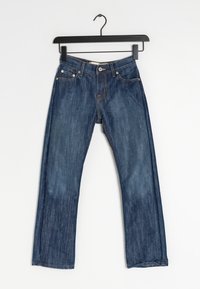 Modré džínové kalhoty se rovnými nohavicemi, designem s pěti kapsami a jedním knoflíkem vpředu. Opotřebovaný vzhled s mírným vyblednutím.