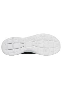 Semelle de chaussure de sport noire avec une semelle extérieure en caoutchouc blanc texturé, présentant un motif de rainures et de panneaux plats pour l'adhérence.