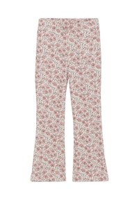 Uitlopende pants van lichtgewicht stof met een bloemenpatroon in roze en wit, voorzien van een elastische tailleband en een gladde textuur.