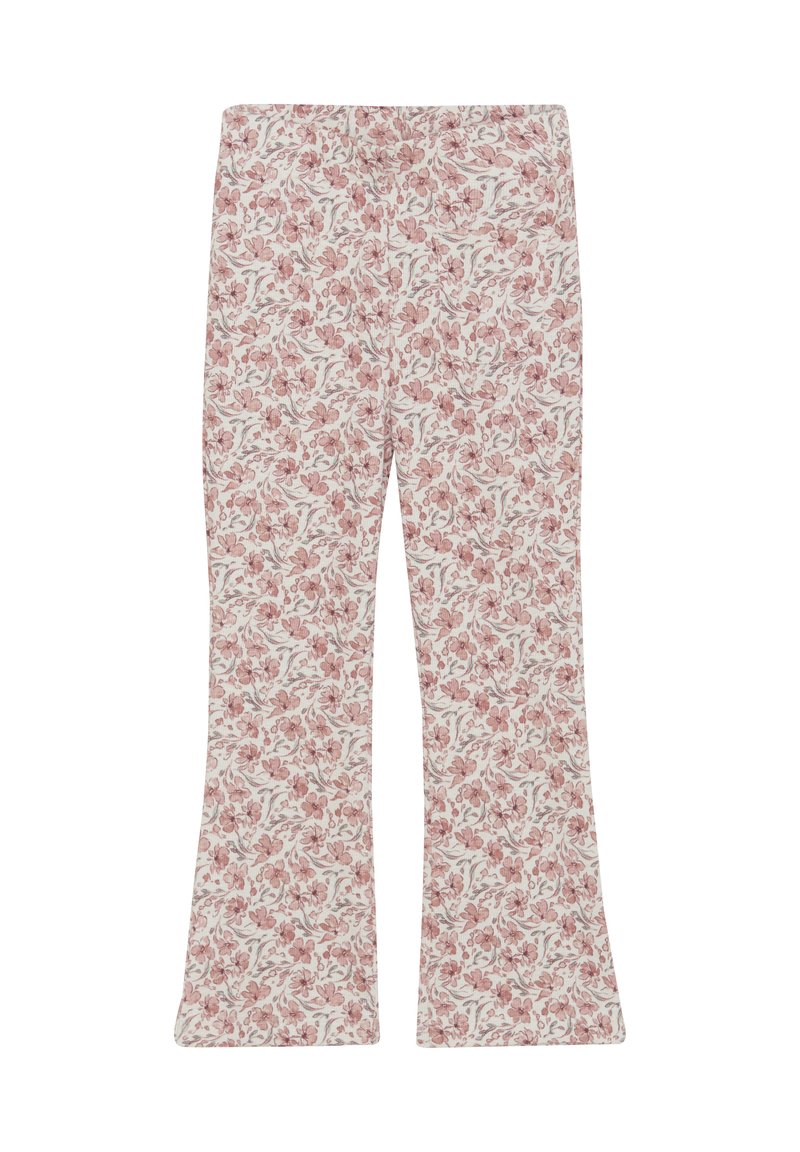 Uitlopende pants van lichtgewicht stof met een bloemenpatroon in roze en wit, voorzien van een elastische tailleband en een gladde textuur.