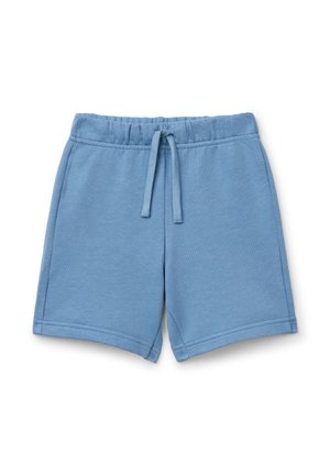 Pantaloni corti in cotone azzurro chiaro con cintura elastica e cordino, caratterizzati da orli cuciti e una texture liscia e morbida.