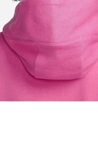 Hooded sweatshirt in bright pink, featuring a soft texture, ribbed cuffs, and a prominent hood seam detail.