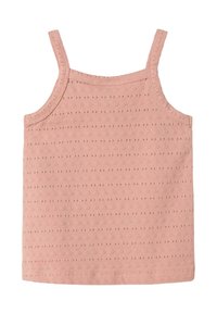 Canottiera in cotone rosa con spalline sottili, caratterizzata da un motivo testurizzato di piccole puntini in rilievo e un orlo dritto. Design semplice e leggero.