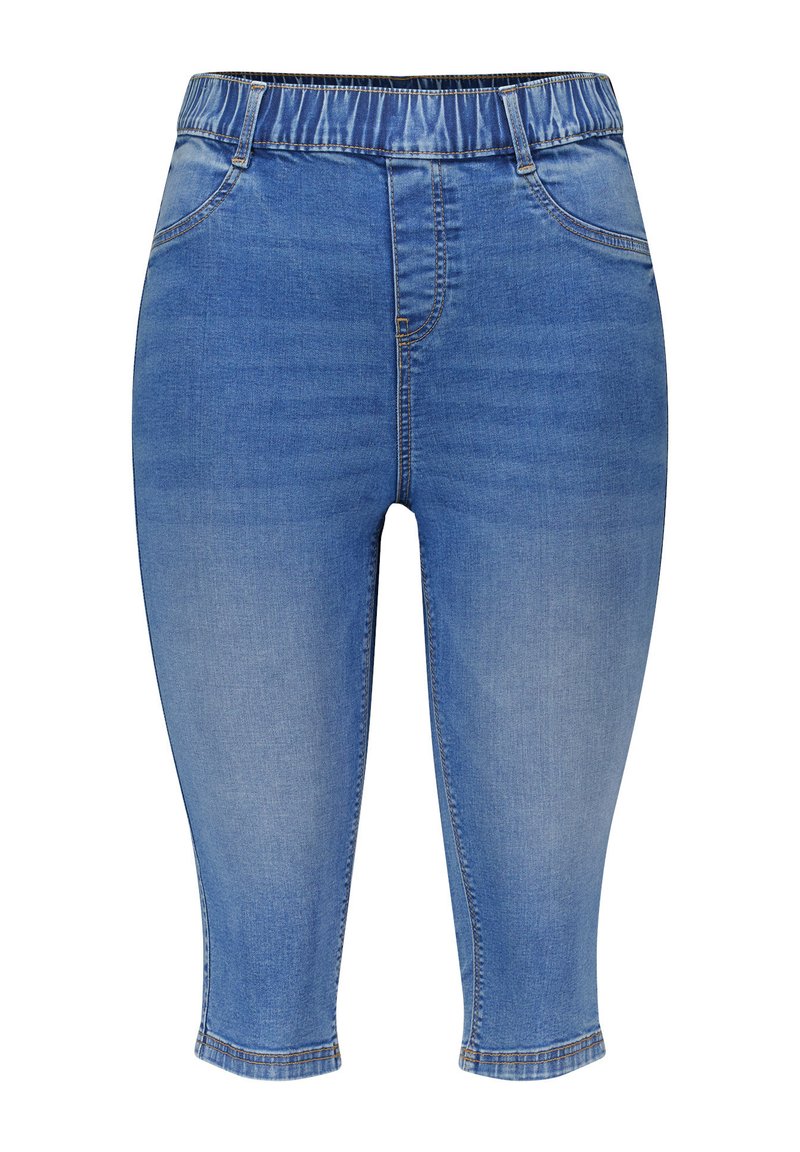 Helle blaue Denim-Caprihosen mit elastischem Bund, Fünf-Taschen-Design und umgeschlagenen Säumen. Glatte Textur mit leichtem Verblassen.