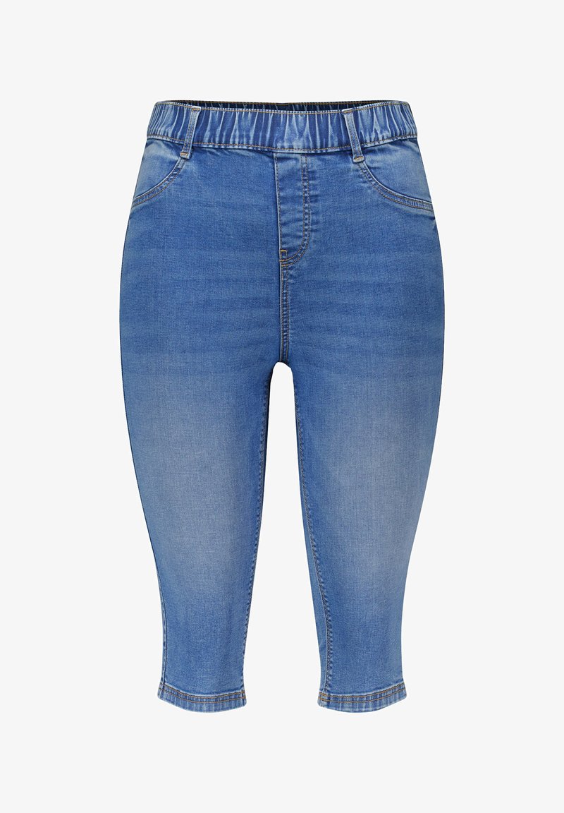 Helle blaue Denim-Caprihosen mit elastischem Bund, Fünf-Taschen-Design und umgeschlagenen Säumen. Glatte Textur mit leichtem Verblassen.