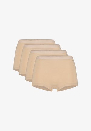 Vier paar beige katoenen boyshorts met elastische taillebanden, met een gladde textuur en een eenvoudig design, zonder patronen of accenten.