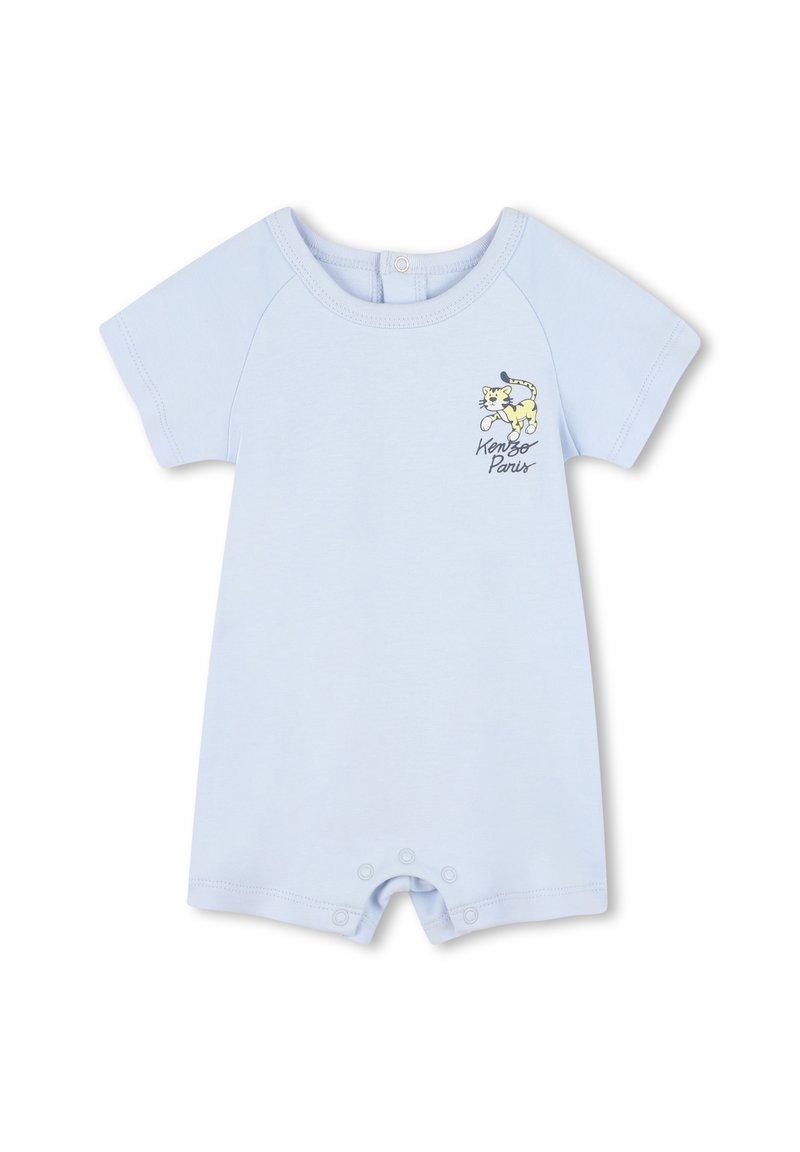 Un bodysuit en coton bleu clair avec des manches courtes, une fermeture par pression au bas, et un design imprimé d'un tigre avec le texte "Kenzo Paris" sur le devant.