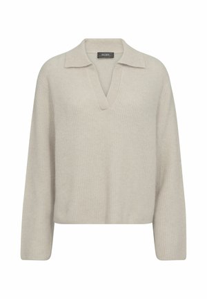 Lichtbeige trui met een ribbelstructuur, V-hals en brede kraag. Relaxte pasvorm met lange mouwen en een zachte, gebreide stof.