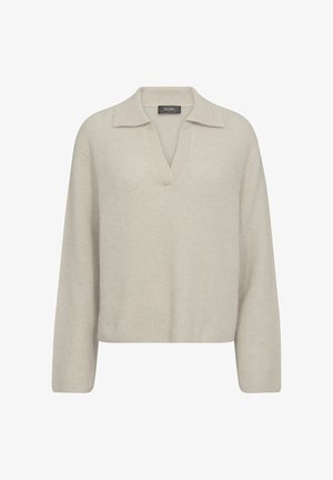 Gai bēšs džemperis ar ribotu tekstūru, V veida dekoltē un plašu apkakli. Brīvs piegriezums ar garām piedurknēm un mīkstu, adītu audumu.