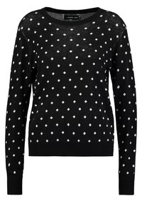 Czarny sweter z długimi rękawami, okrągłym dekoltem, ozdobiony białym wzorem w romby na całej powierzchni oraz ściągaczami przy rękawach i na dole. Lekki, dzianinowy materiał.