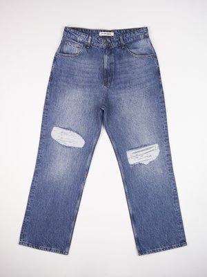 Gai zils džinsus, augstā vidukļa, platām kājām un diviem nolietotiem pleķiem priekšā. Iespējas piecas kabatas un jostas cilpa.