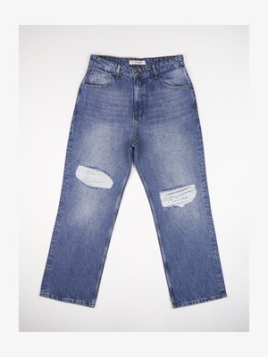 Jasnoniebieskie jeansy z denimu z wysokim stanem, prostymi nogawkami i dwoma przetarciami na przodzie. Klasyczny design z pięcioma kieszeniami.