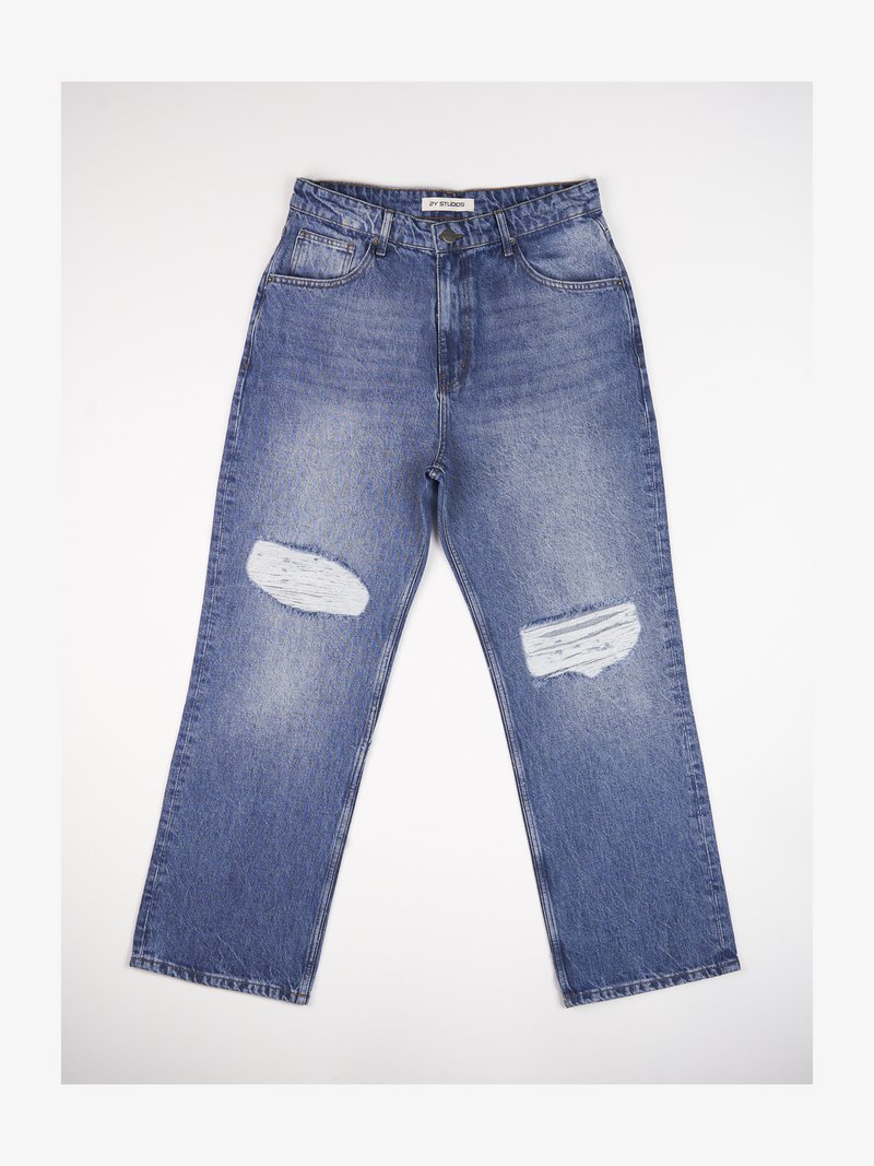 Jasnoniebieskie jeansy z denimu z wysokim stanem, prostymi nogawkami i dwoma przetarciami na przodzie. Klasyczny design z pięcioma kieszeniami.