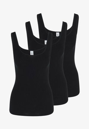 Tre canottiere nere con spalline larghe e scollature a girocollo. Realizzate in tessuto morbido e elasticizzato. Ogni canottiera presenta un design aderente.