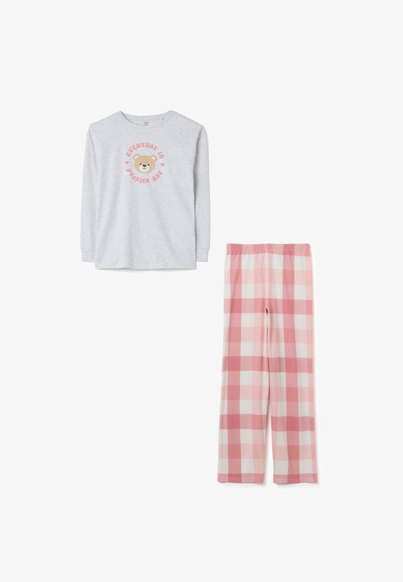 Gray long-sleeve pajama top with a bear graphic and pink text, paired with pink and white checkered pajama pants. Cotton material.