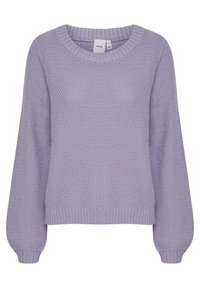 Lila gestrickter Pullover mit einem strukturierten Muster, weiten Ärmeln und einem Rundhalsausschnitt. Ribbelbündchen und -saum runden das Design ab.