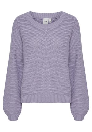 Maglione lilac lavorato a maglia con motivo testurizzato, maniche ampie e scollatura a girocollo. I polsini e l'orlo a coste completano il design.