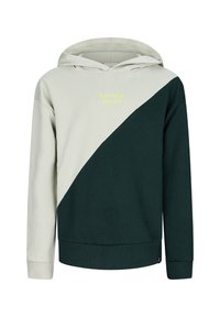 Felpa con cappuccio con pannelli diagonali crema in alto a sinistra e verde scuro in basso a destra, testo giallo "RETOUR JEANS" sul petto.