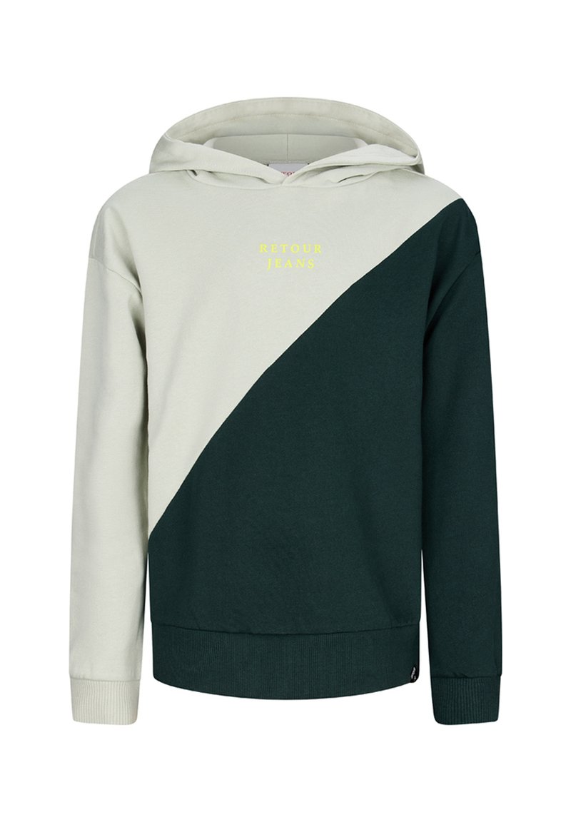 Felpa con cappuccio con pannelli diagonali crema in alto a sinistra e verde scuro in basso a destra, testo giallo "RETOUR JEANS" sul petto.