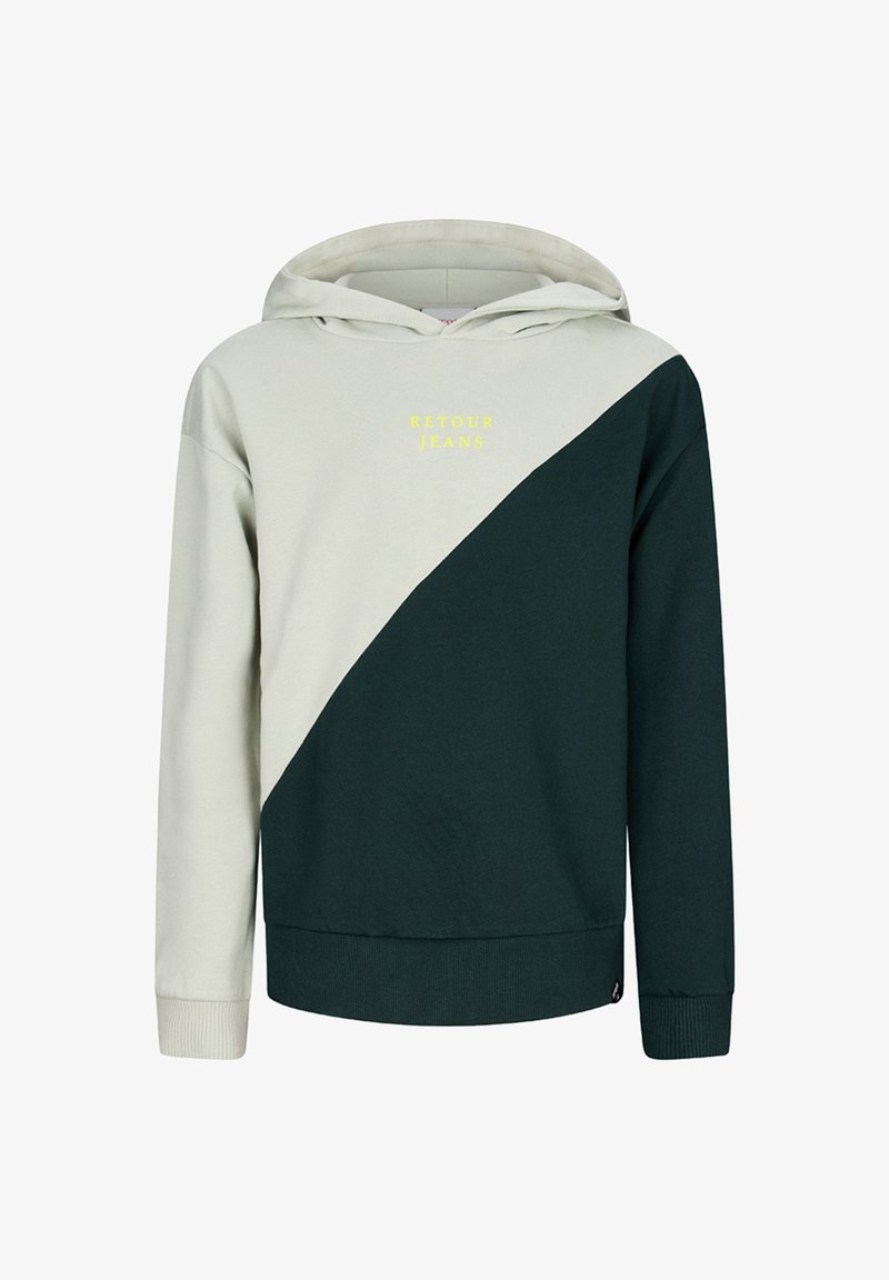 Felpa con cappuccio con pannelli diagonali crema in alto a sinistra e verde scuro in basso a destra, testo giallo "RETOUR JEANS" sul petto.